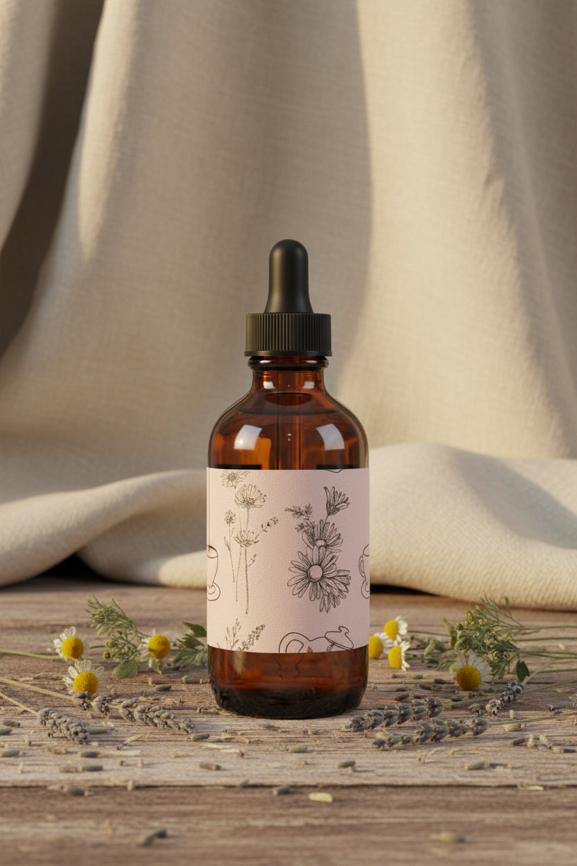 Amber glass dropper bottle with a floral label on a white background
